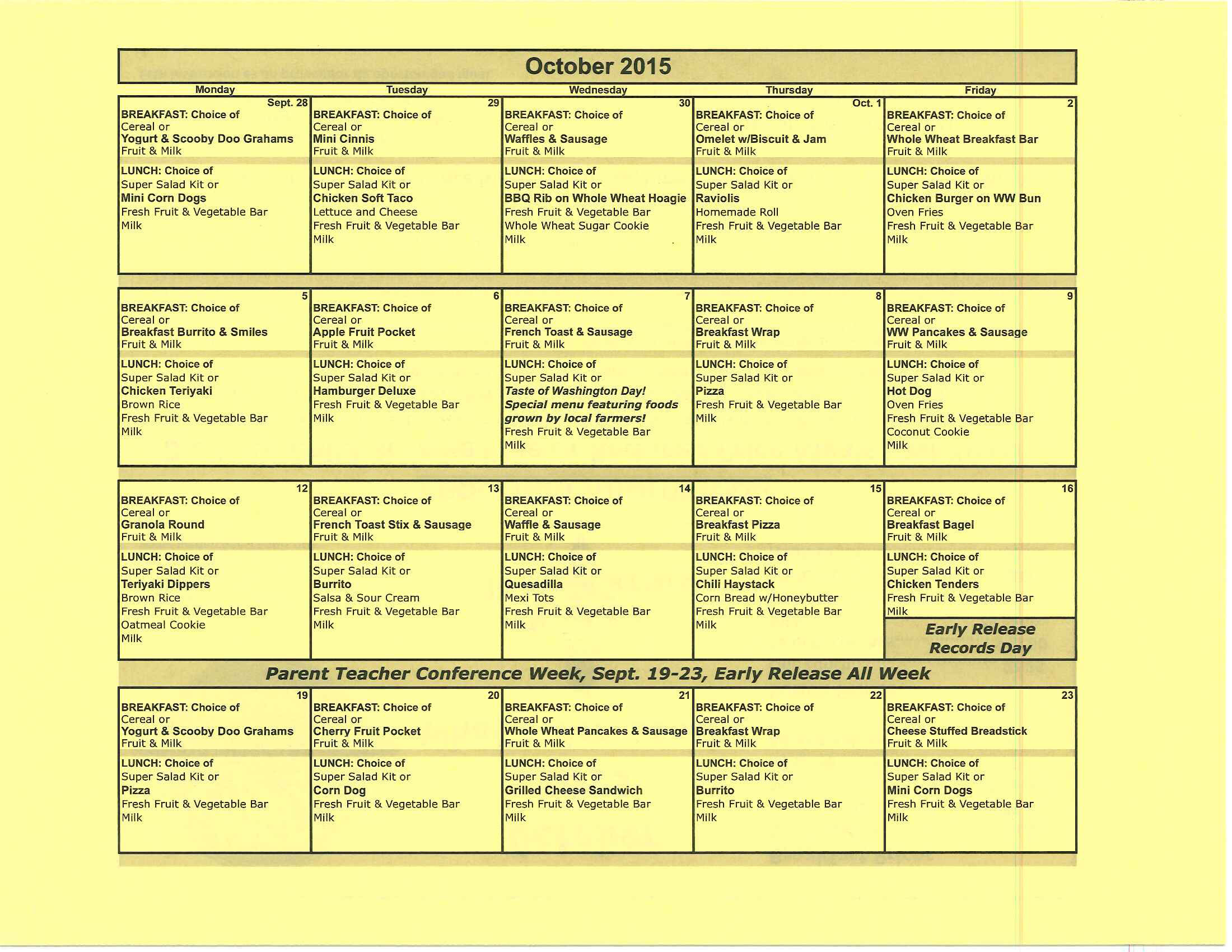 October 2015 Lunch Menu