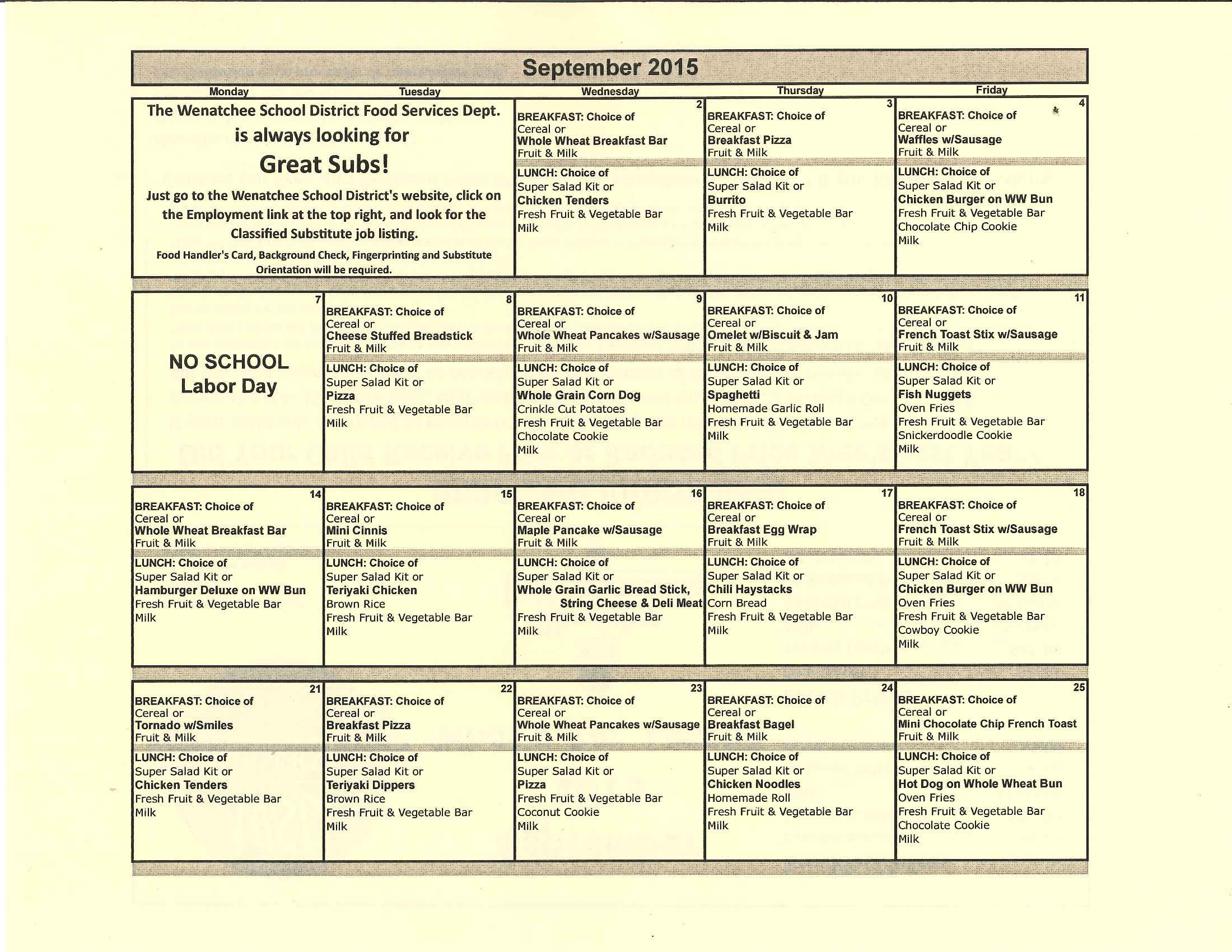 September 2015 Lunch Menu