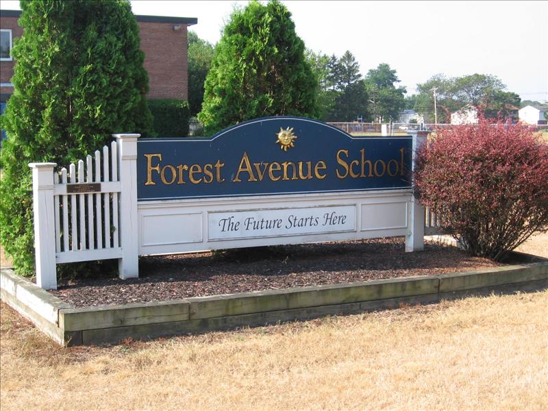 Photo of Forest Avenue Elementary School welcome sign: 'The Future Starts Here'