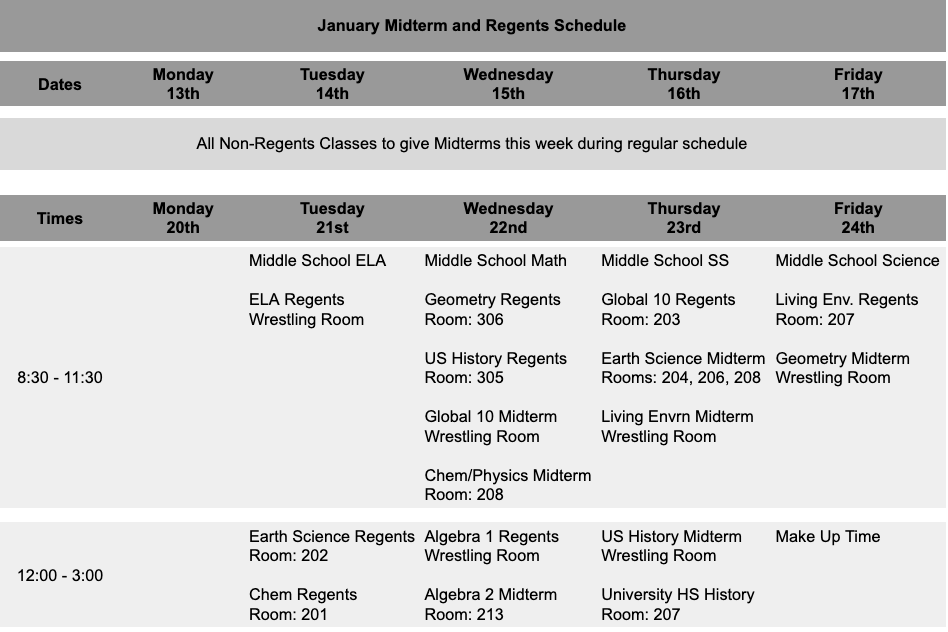 January Midterm and Regents Schedule