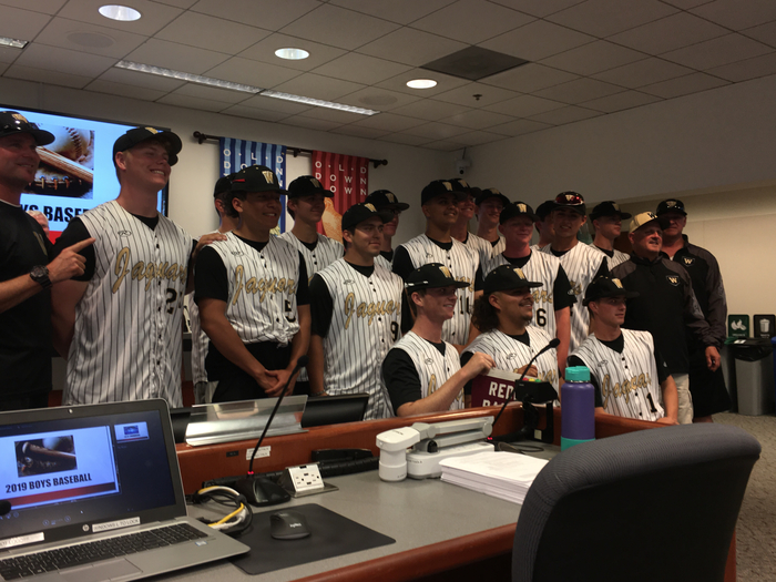 WHS North Bay League Baseball champs are being celebrated at our Board Meeting