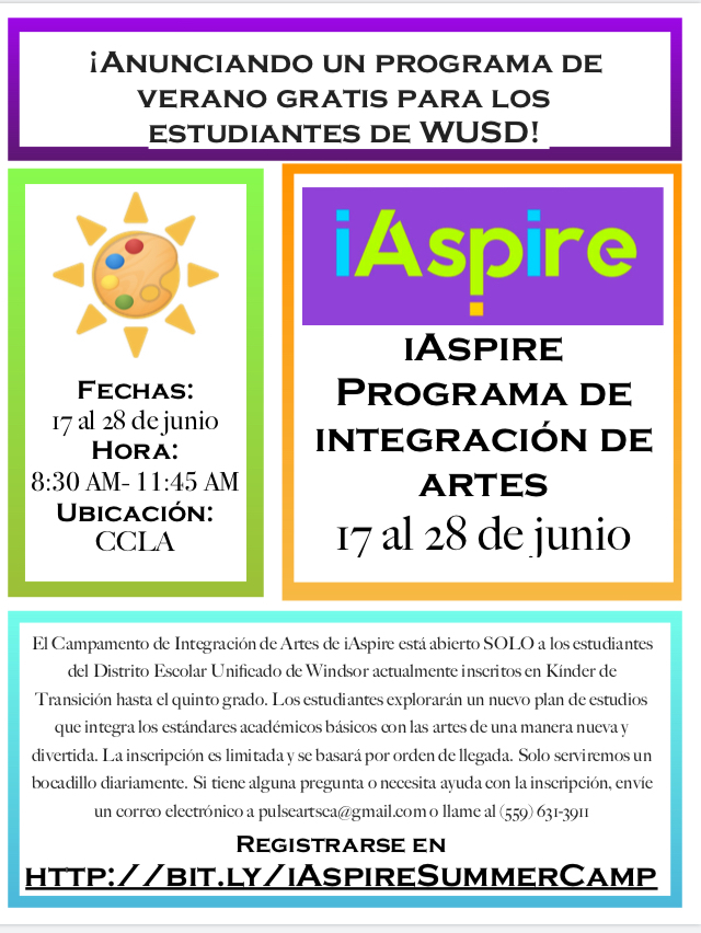 Flier for iAPIRE Arts Integration Camp (in Spanish)