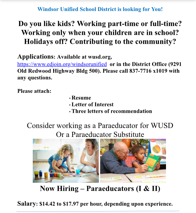 Advertisement for Paraeducator openings