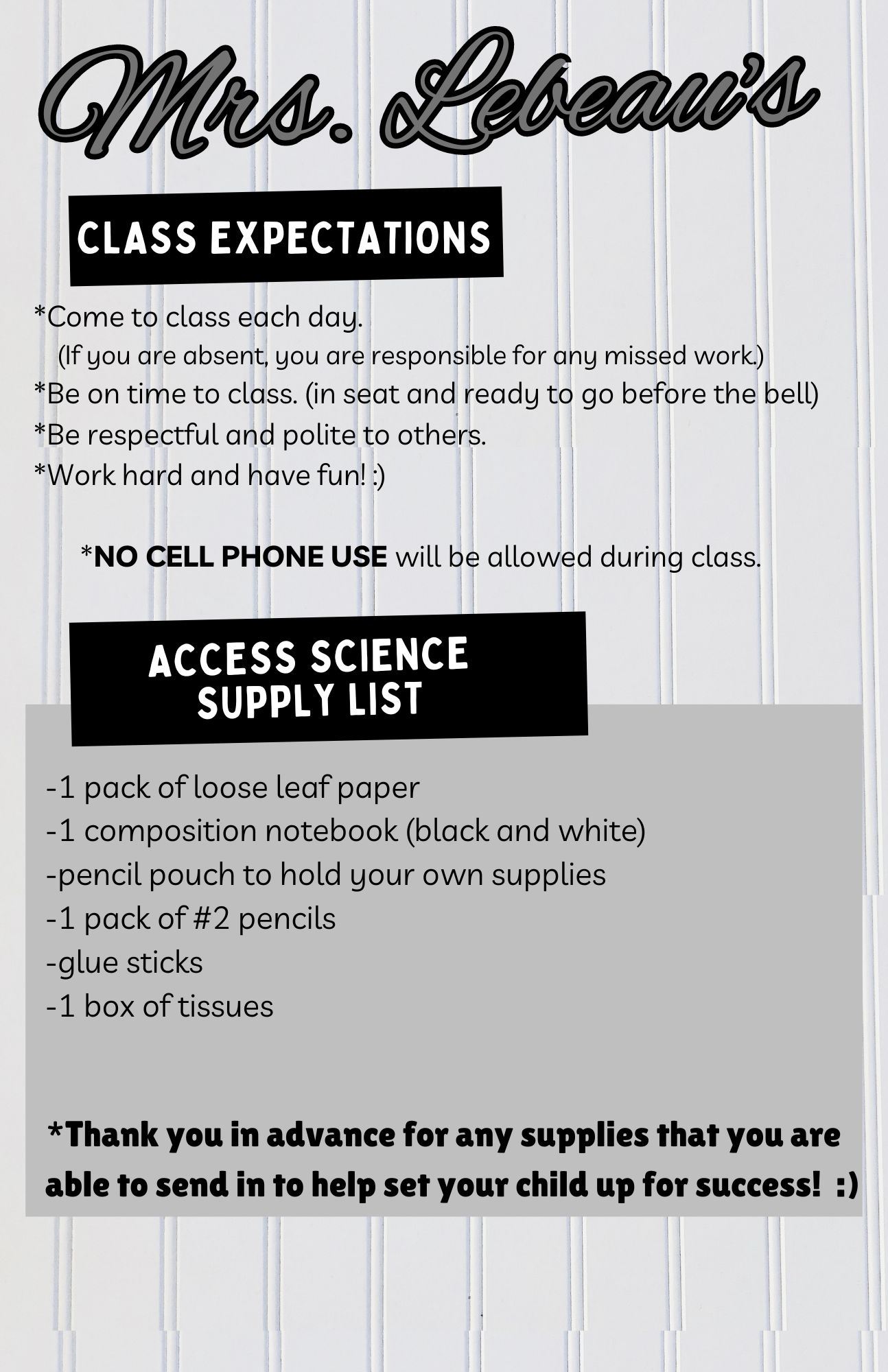 Class Expectations/Supply List