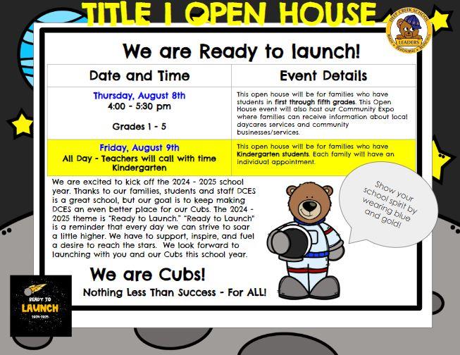 1-5 Open House August 8th 4-5:30 pm / Kindergarten Open House August 9 - teachers will call for time