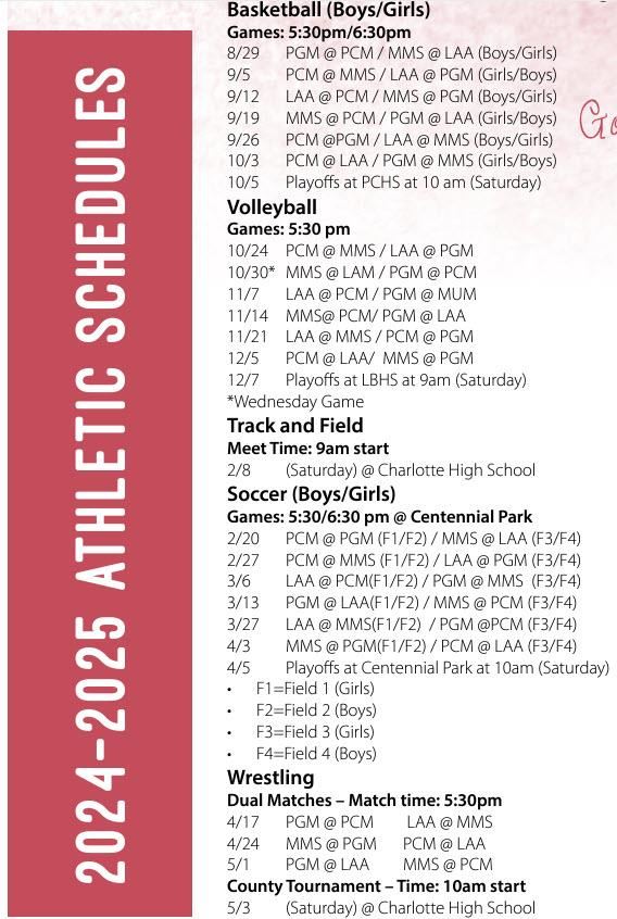 athletics schedule from the newsletter