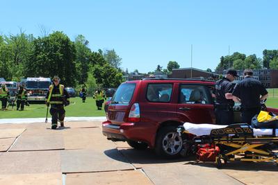 first responders arrive at mock car crash