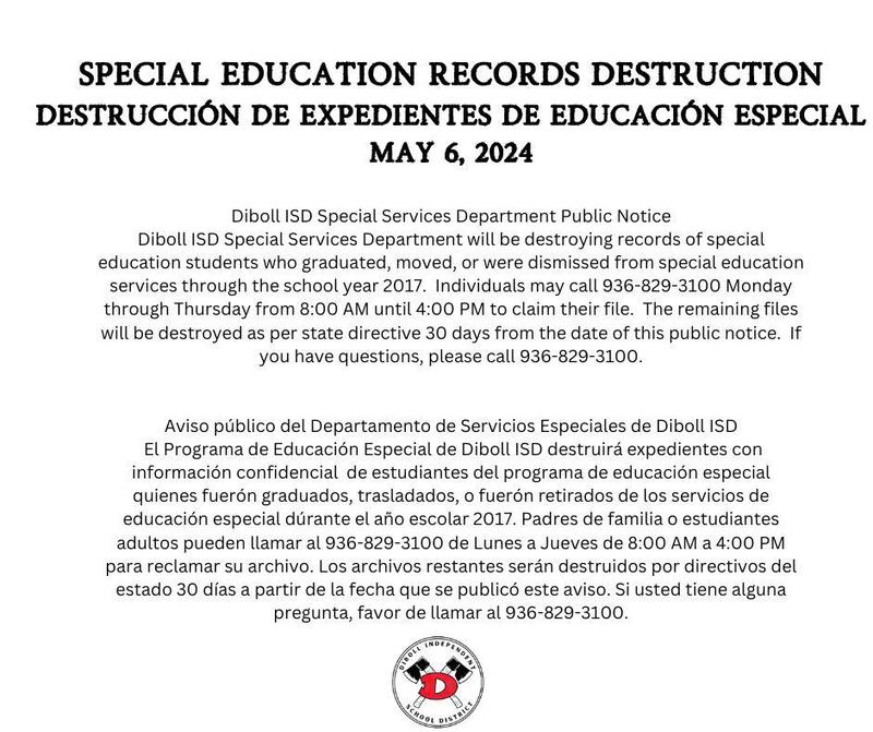 Special Education Records Destruction Notice Featured Photo