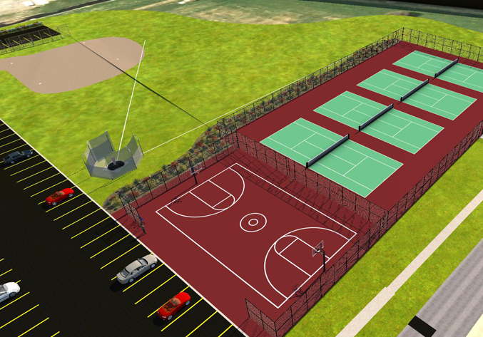 Close up rendering of the tennis courts and baseball field