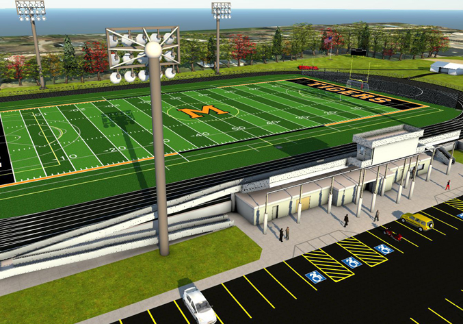 Close up rendering of football field track and concession stands