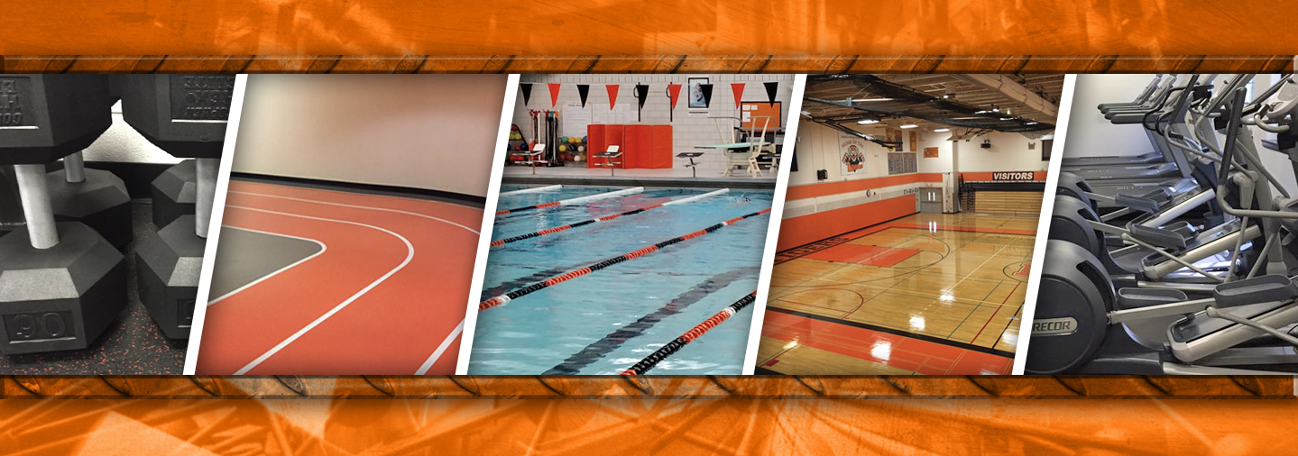 Collage of photos from the Rec center with swim, weights, gym, track and cardio machines 