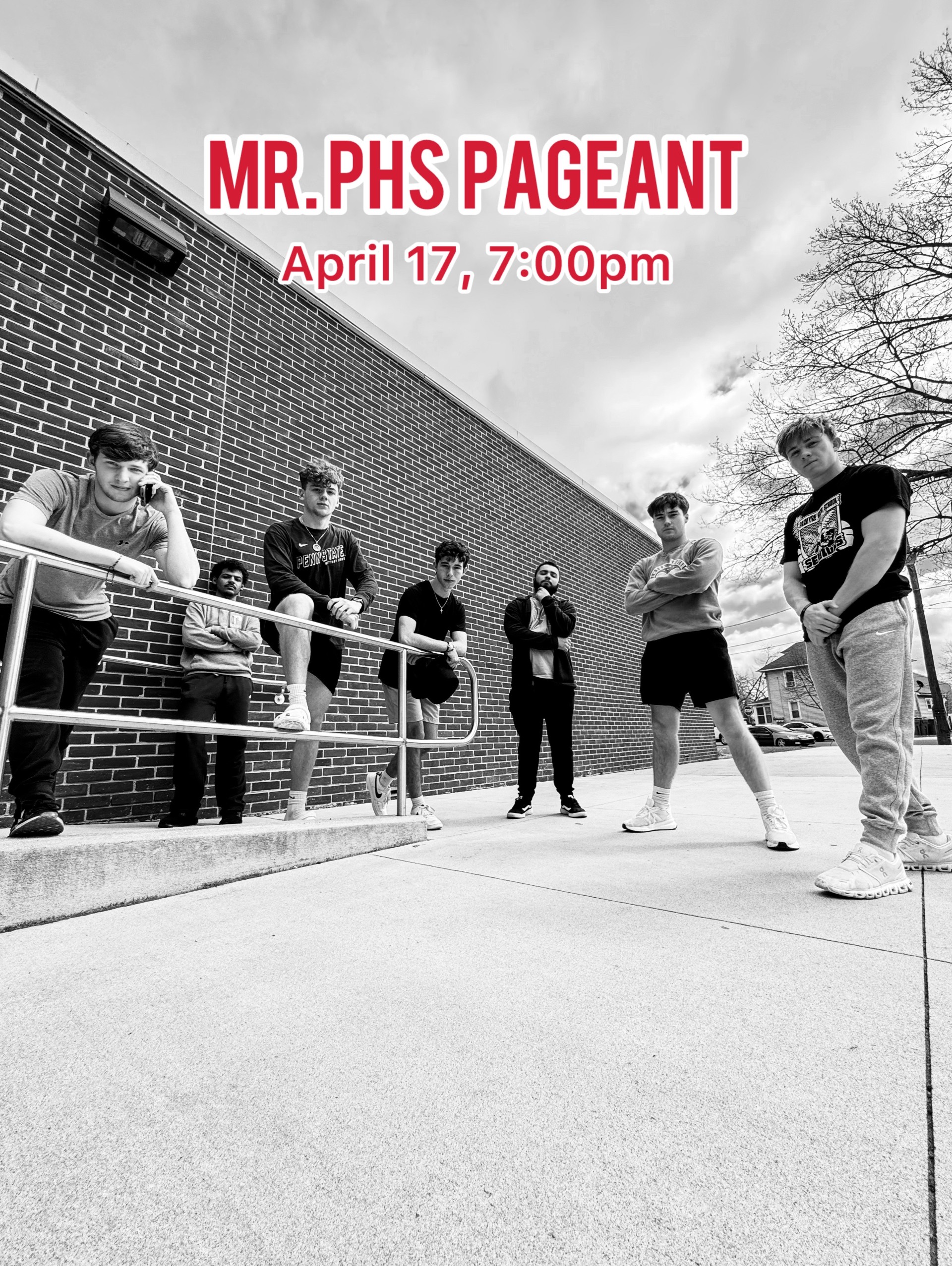 POSTER for Mr. PHS event with young men posing outside phs library