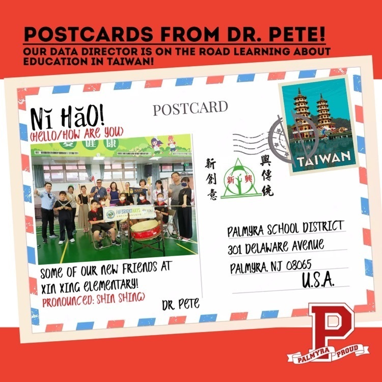 Postcard image with stamp from Taiwan  students holding banner with Dr. Lutchko