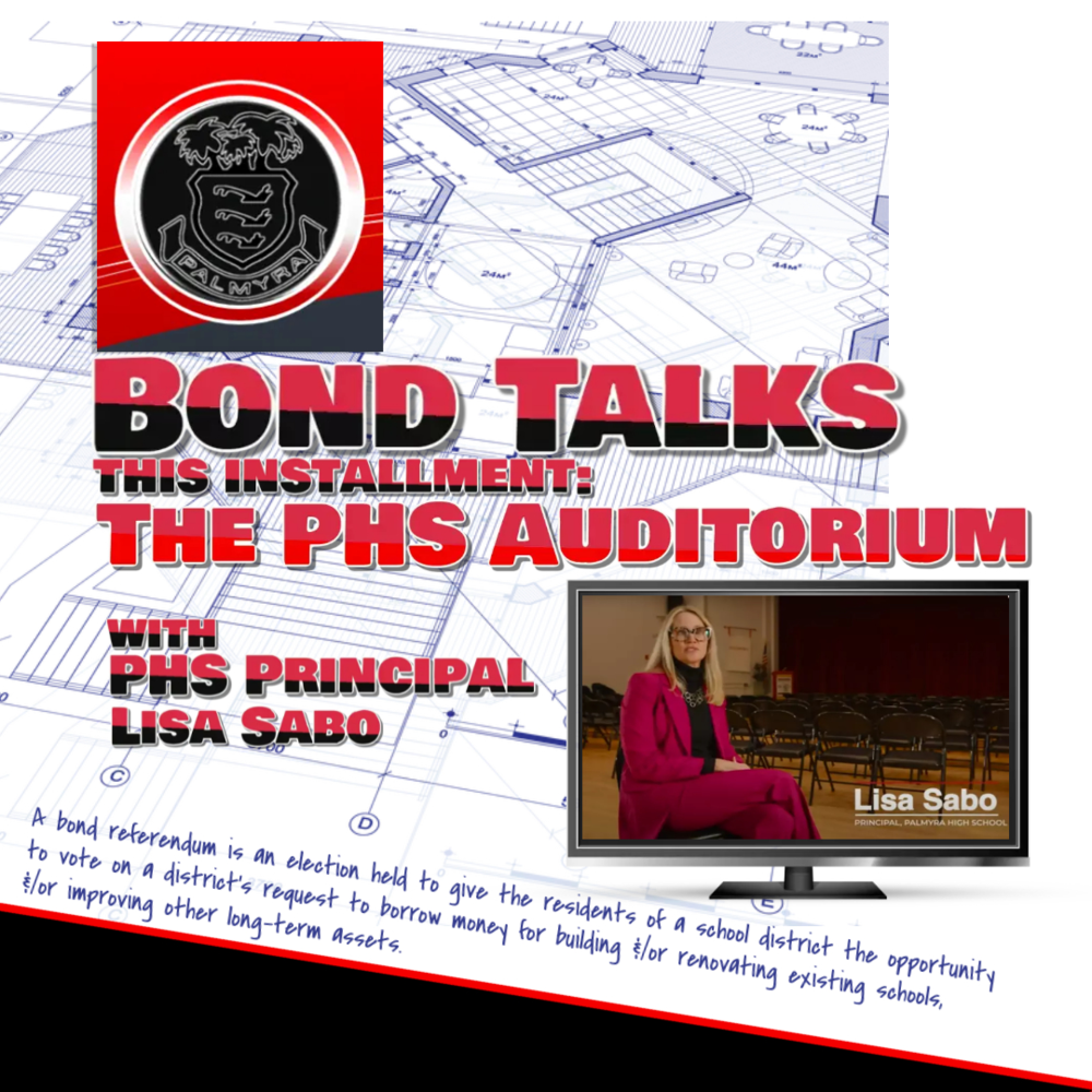 Bond Talks Graphic with photo of Ms. Sabo in the Auditorium