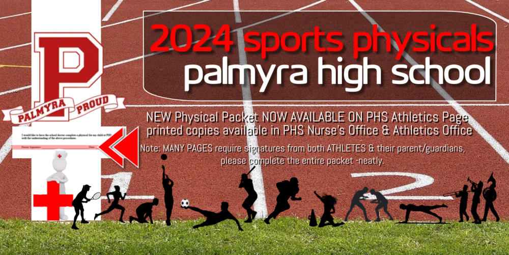 2024 Sports Physical Flyer with silhouttes of all district sports