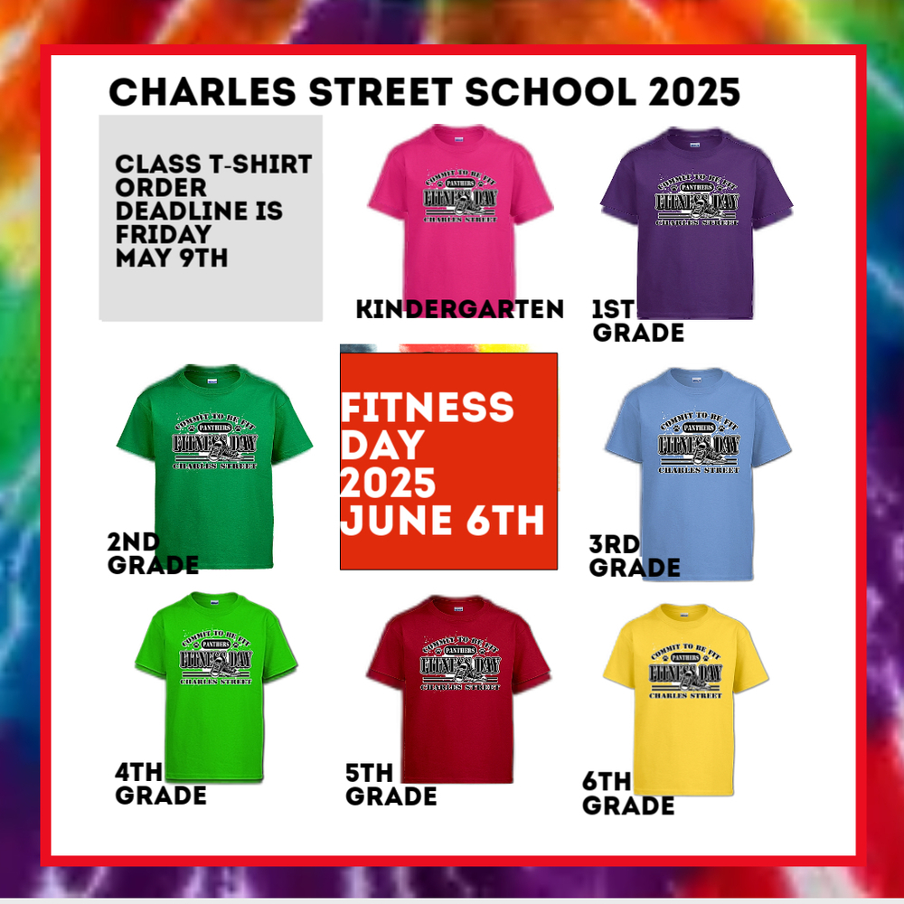 fitness day tshirt colors shown by grade on a rainbow background