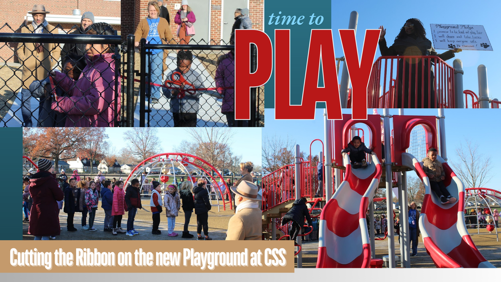 collage of photos of students on playground at css for ribbon cutting ceremony