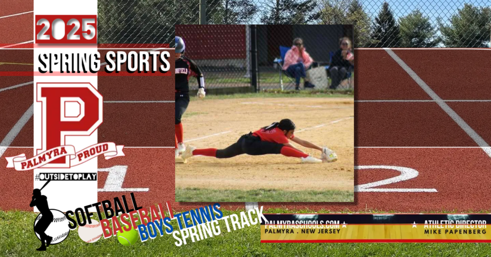 2025 sPRING sPORTS REPORT featuring softball player doing a split to catch a ball