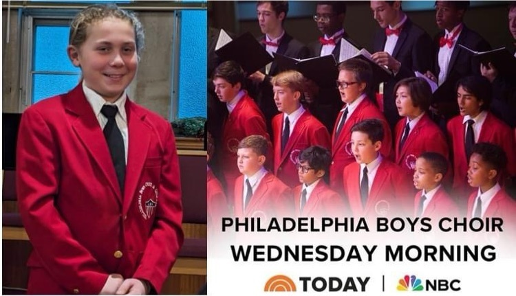 Philadelphia Boys Choir in their red jackets with local student pictured 