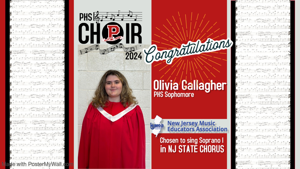 sheet music background with student wearing choir robe- congratulations to our state choir member