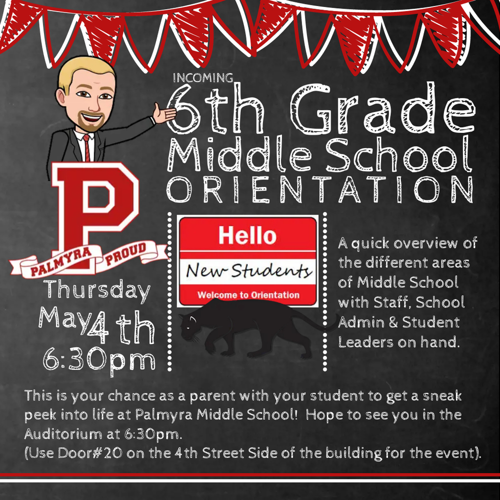 Middle School Orientation with principal moji & logo