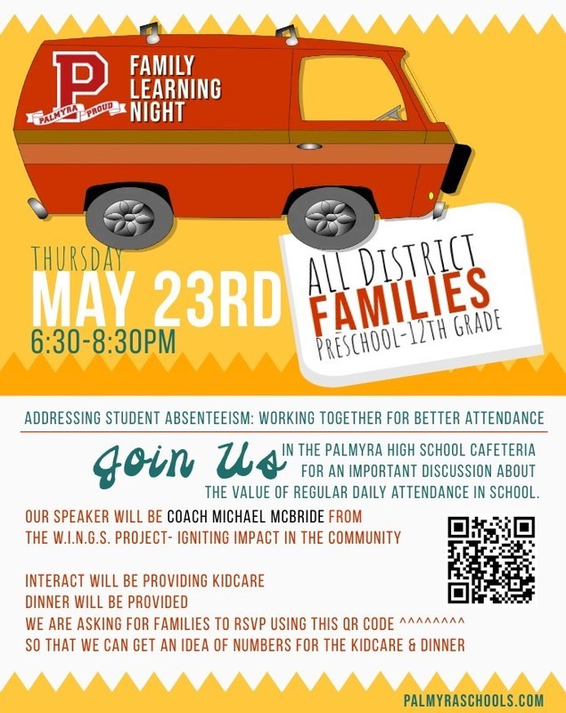 family engagement night poster with an orange van and qr code on it for may 23rd