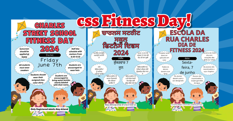 CSS FITNESS DAY events poster with 3 translations of kids playing outside