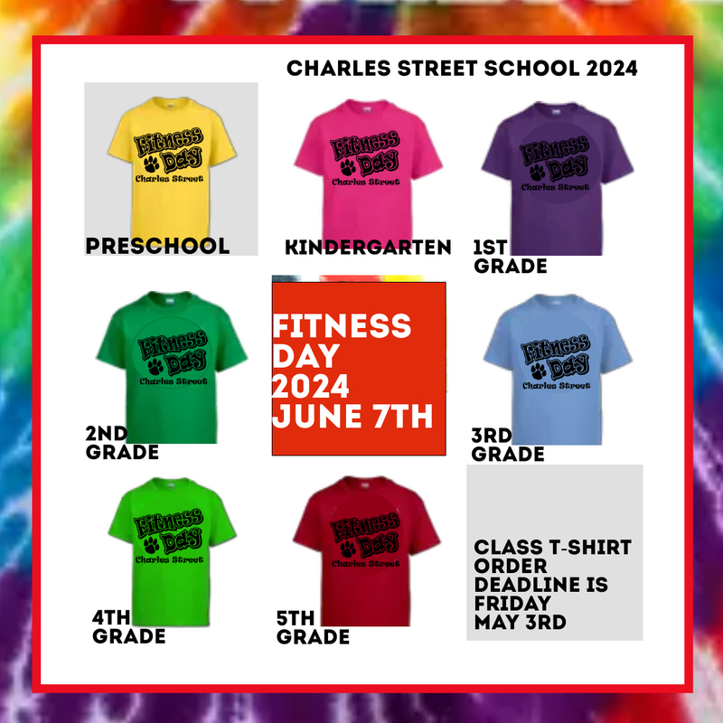 fitness day tshirt colors shown by grade on a rainbow background