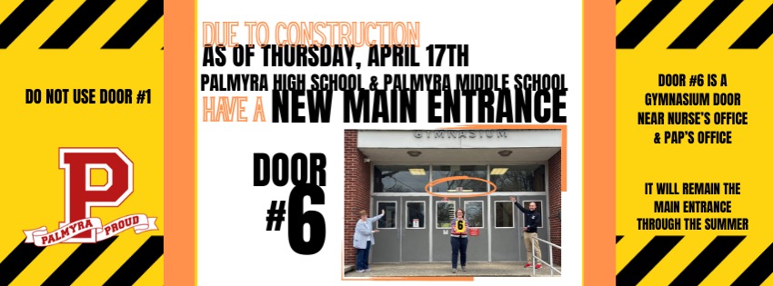 notice shared that door 6 will replace door 1 as main entrance until construction is completed.