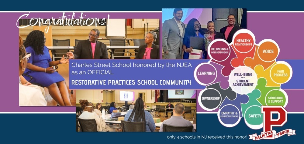 well dressed professionals sitting in a circle with a graphic for restorative practices