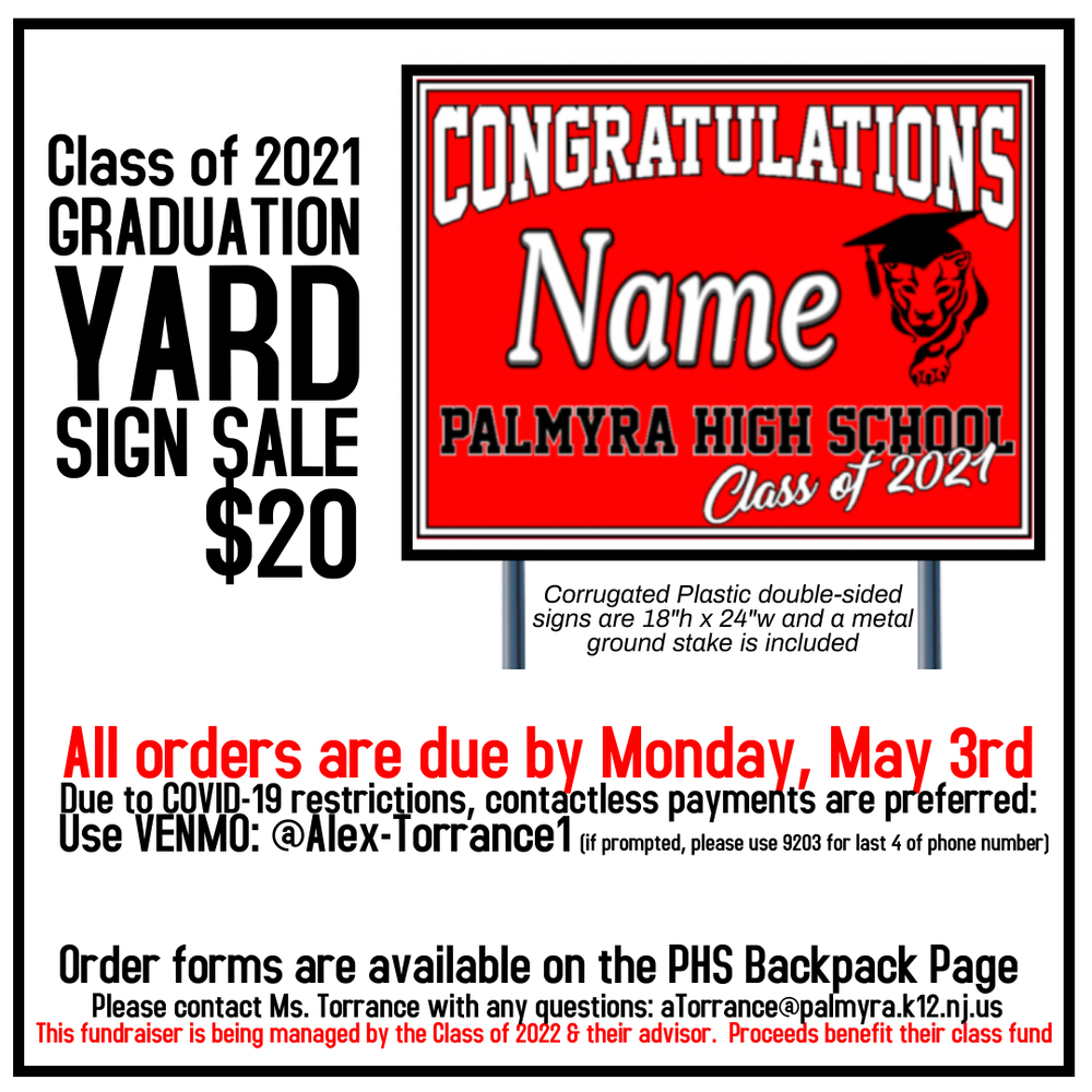 Flyer for Class of 2021 Yard Sale signs