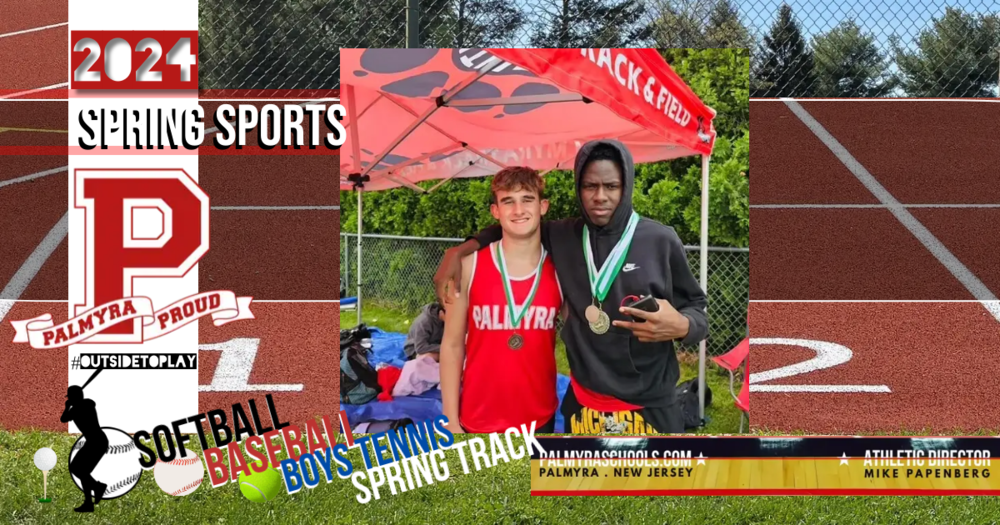 spring sports banner with photo of 2 boys track stars wearing medals