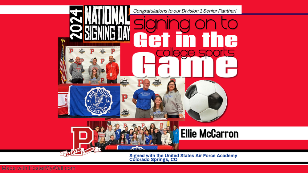collage of photos of student athlete, ellie mccarron on signing day to the air force academy for soccer