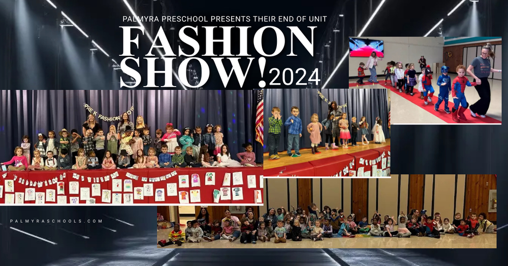 Preschoolers on stage modeling clothing at the end of their learning unit on clothing