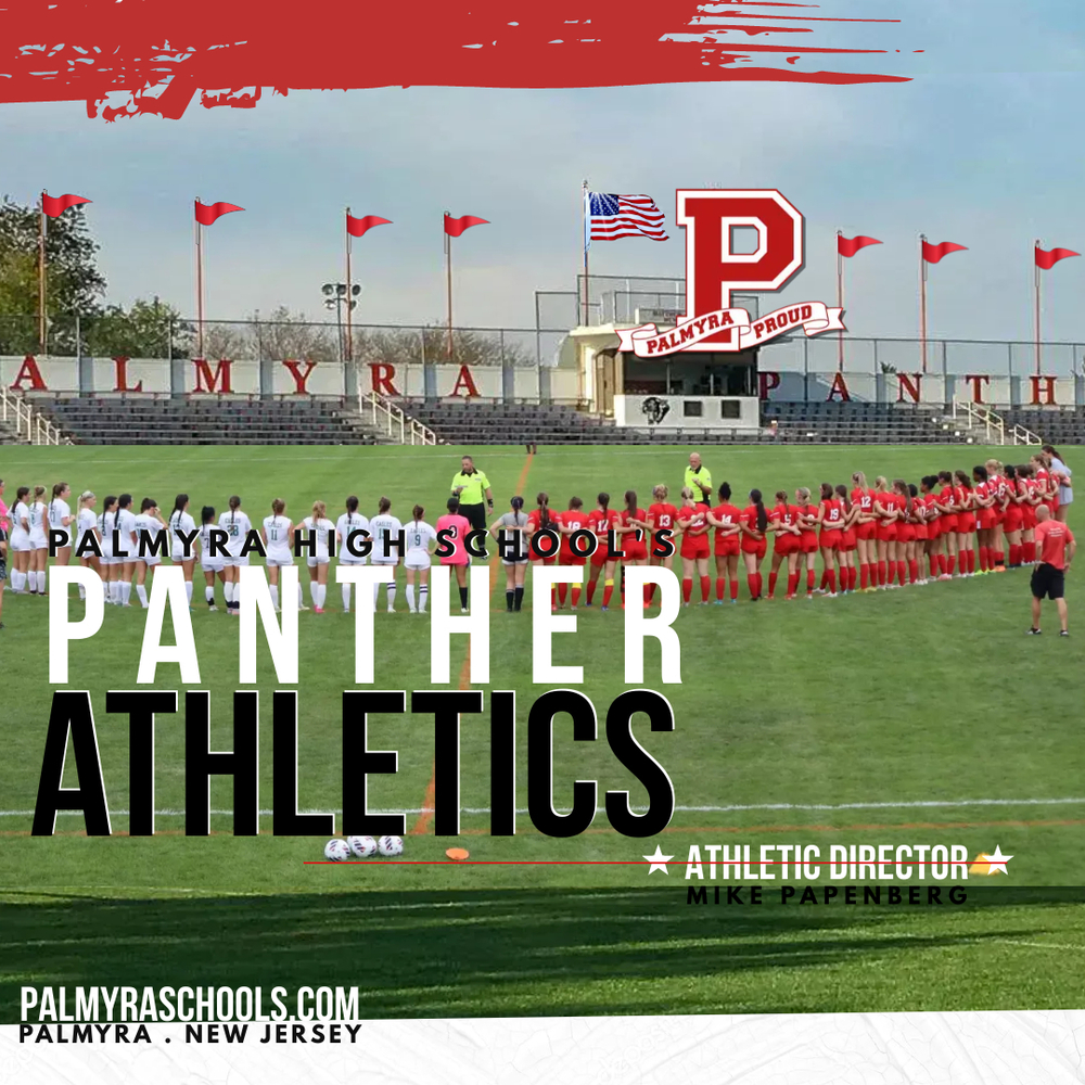 Athletics Update -stadium photo with flags featuring girls soccer team standing together