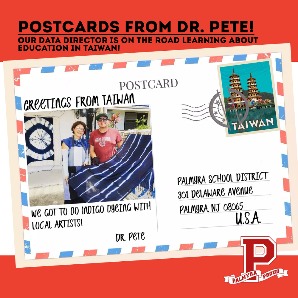 Postcard image with stamp from Taiwan & local holding dyed cloth with Dr. Lutchko