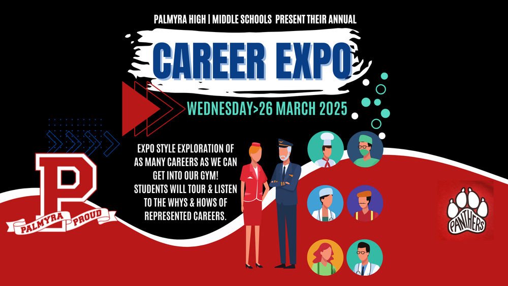 Career Expo Poster with graphics of different careers in black & red