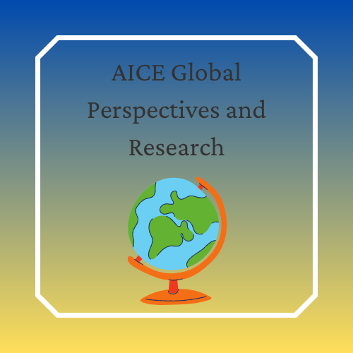 A welcome image showing a globe and the text "AICE Global Perspectives and Research"